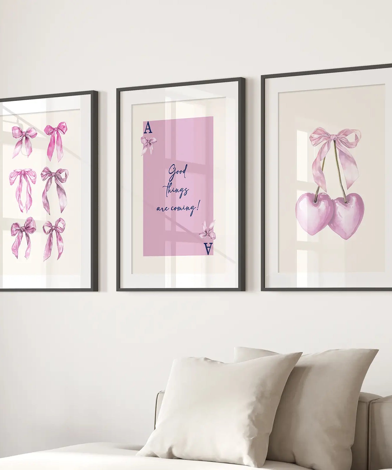 Trendy Pink Bows Wall Art Girly Print Decor Set