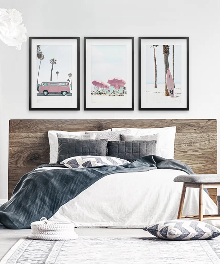 Girl's Nursery Beach Wall Art. Pink Surfboard, Bus, Umbrella