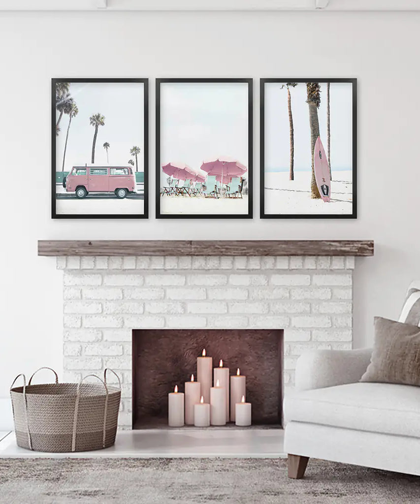 Girl's Nursery Beach Wall Art. Pink Surfboard, Bus, Umbrella