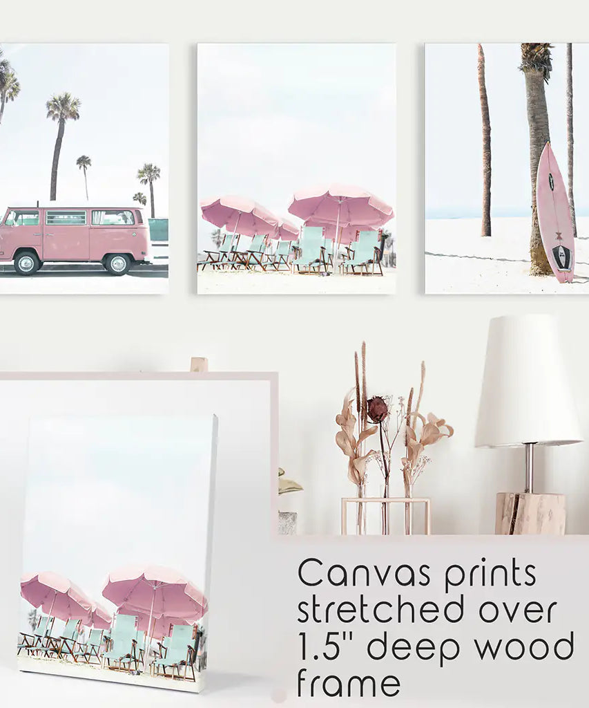Girl's Nursery Beach Wall Art. Pink Surfboard, Bus, Umbrella