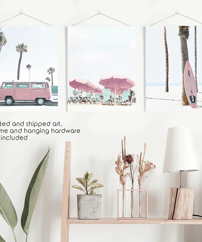 Girl's Nursery Beach Wall Art. Pink Surfboard, Bus, Umbrella