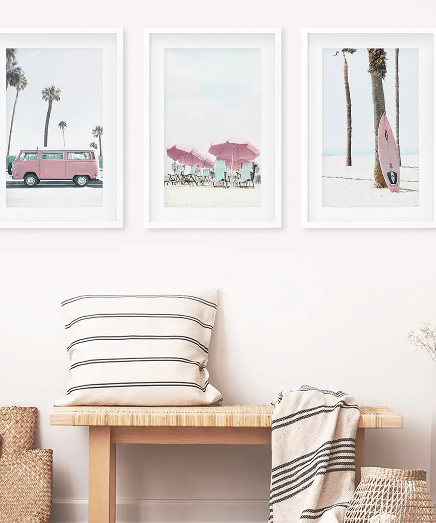 Girl's Nursery Beach Wall Art. Pink Surfboard, Bus, Umbrella
