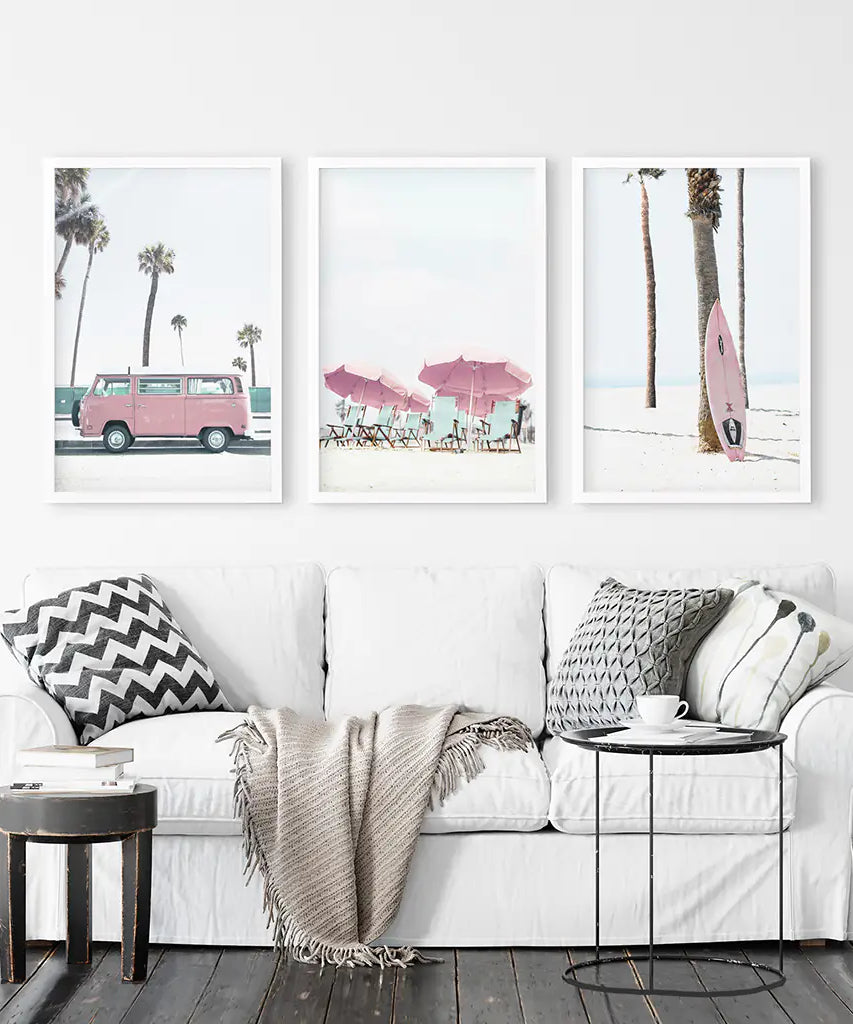 Girl's Nursery Beach Wall Art. Pink Surfboard, Bus, Umbrella