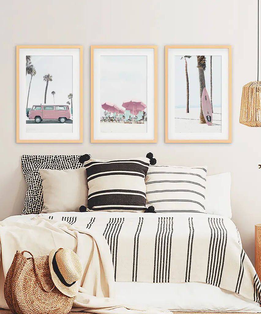Girl's Nursery Beach Wall Art. Pink Surfboard, Bus, Umbrella