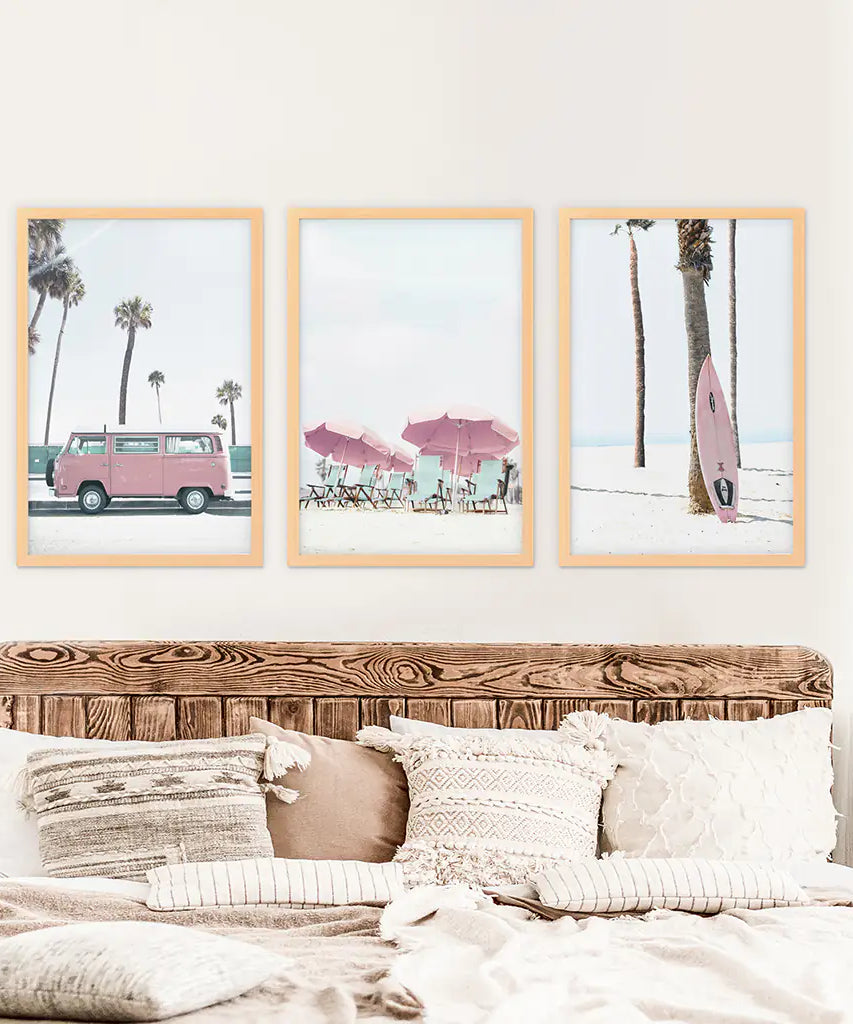 Girl's Nursery Beach Wall Art. Pink Surfboard, Bus, Umbrella