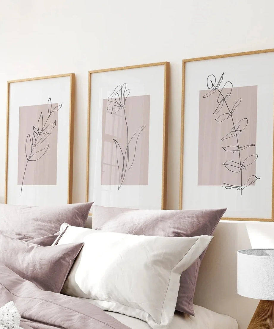 Set aus 3 botanischen Line-Art-Drucken in Rouge-Pink