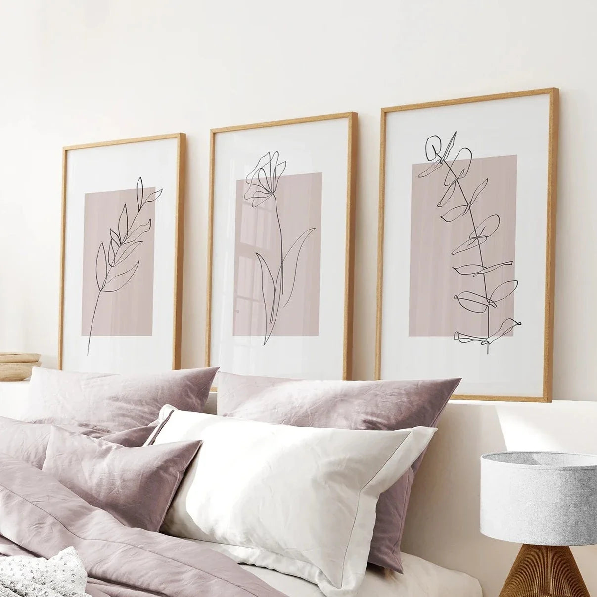 Set aus 3 botanischen Line-Art-Drucken in Rouge-Pink
