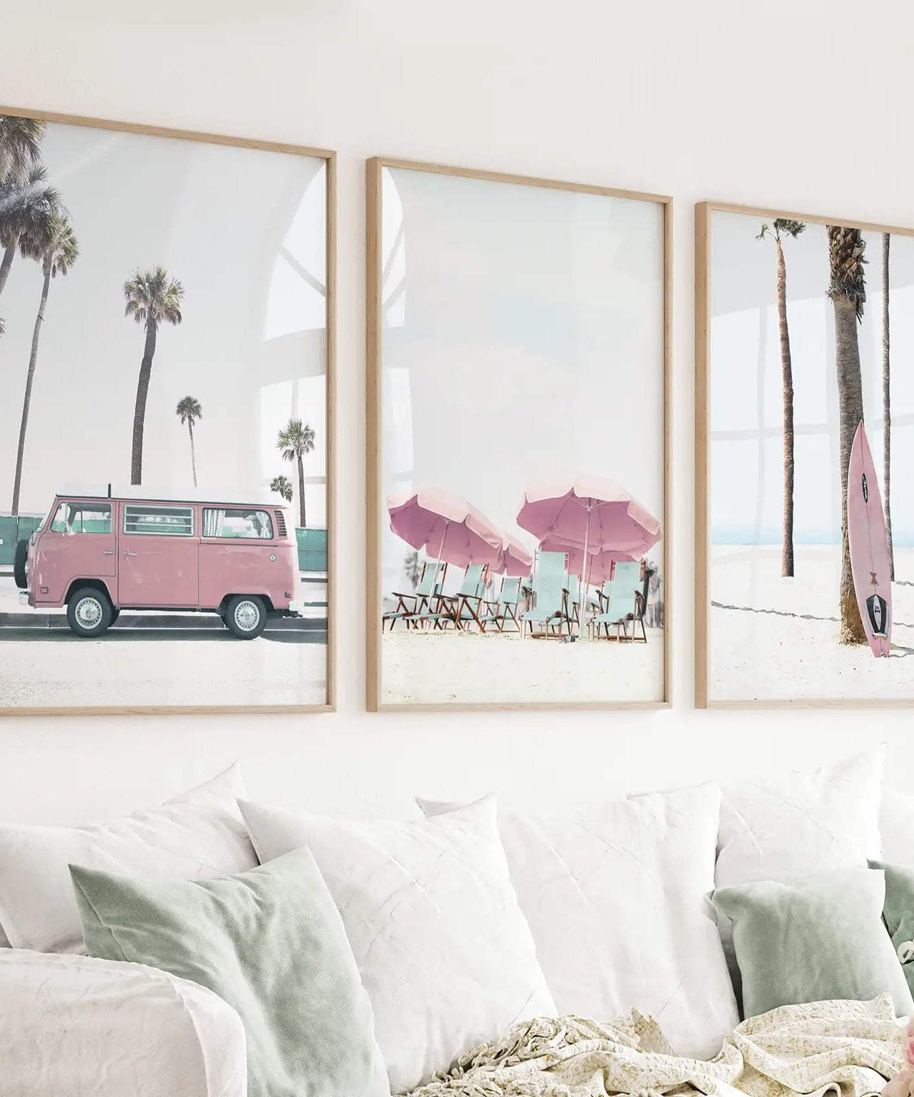 Girl's Nursery Beach Wall Art. Pink Surfboard, Bus, Umbrella