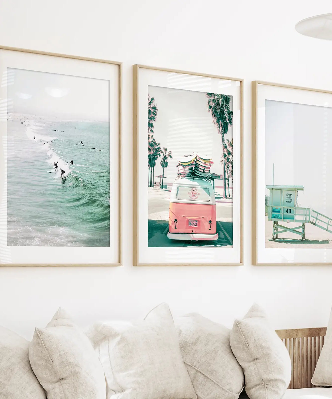 California Travel Wall Art Set. Pink Bus, Lifeguard, Surfers