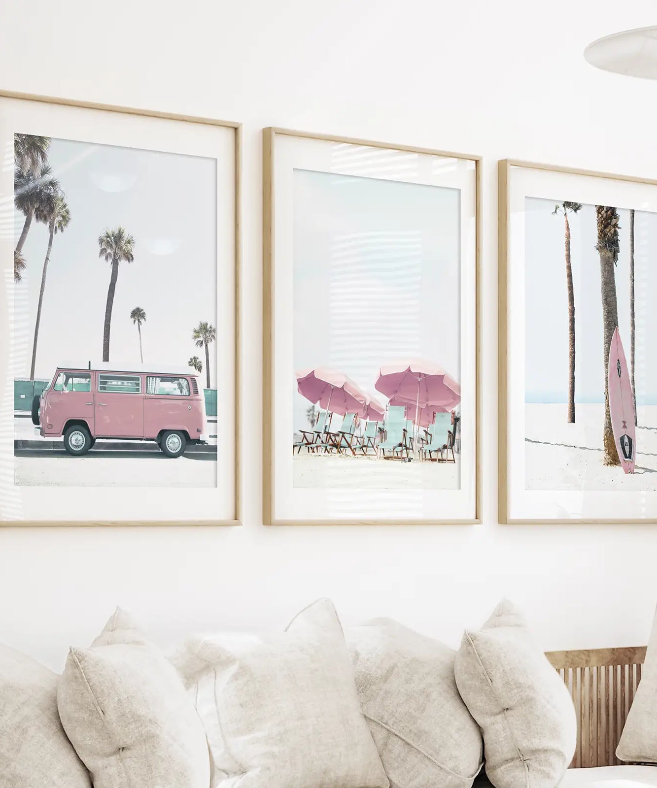 Girl's Nursery Beach Wall Art. Pink Surfboard, Bus, Umbrella