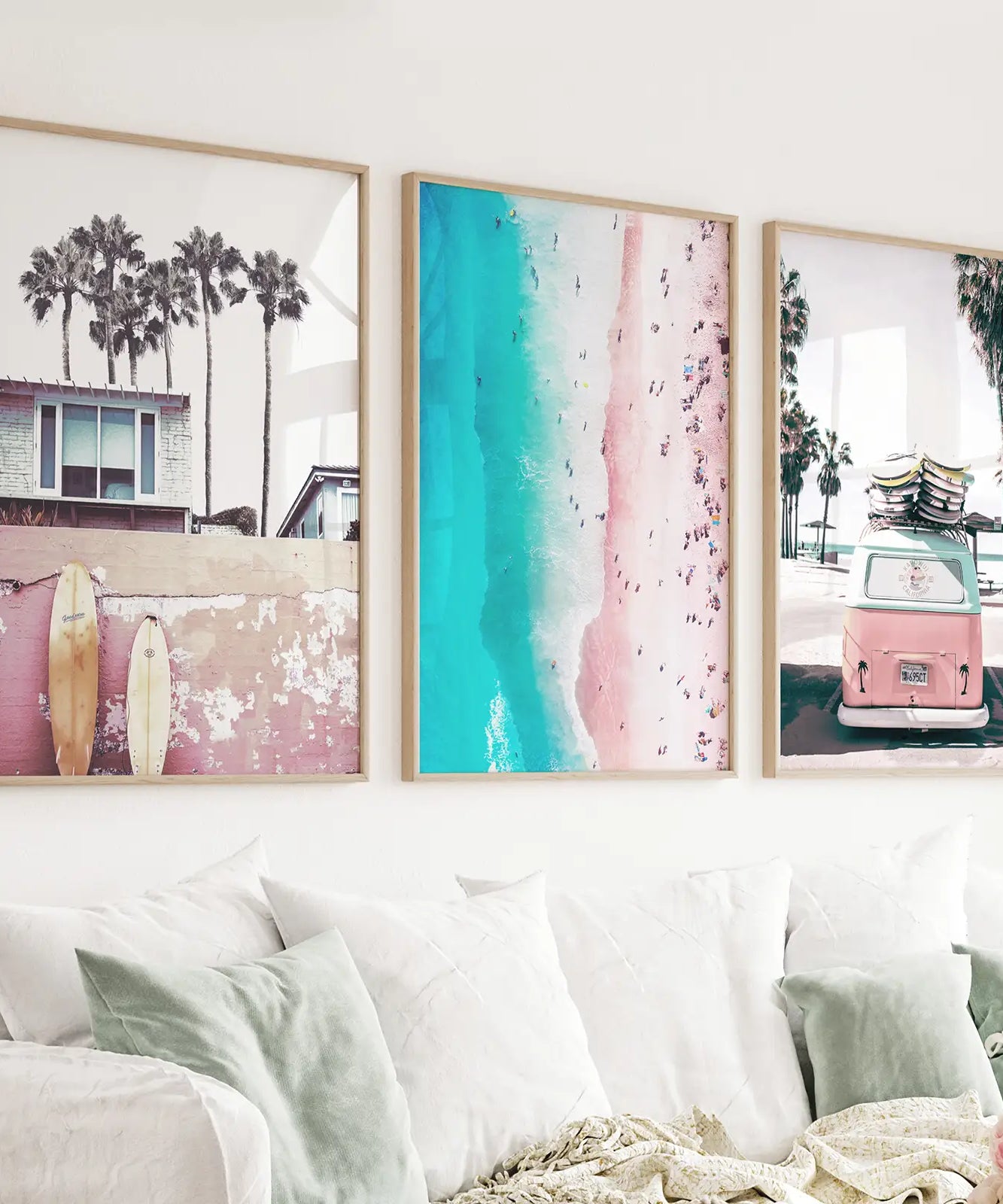 Boho Coastal Prints. Pink Combi Van, Aerial Beach, Surfing