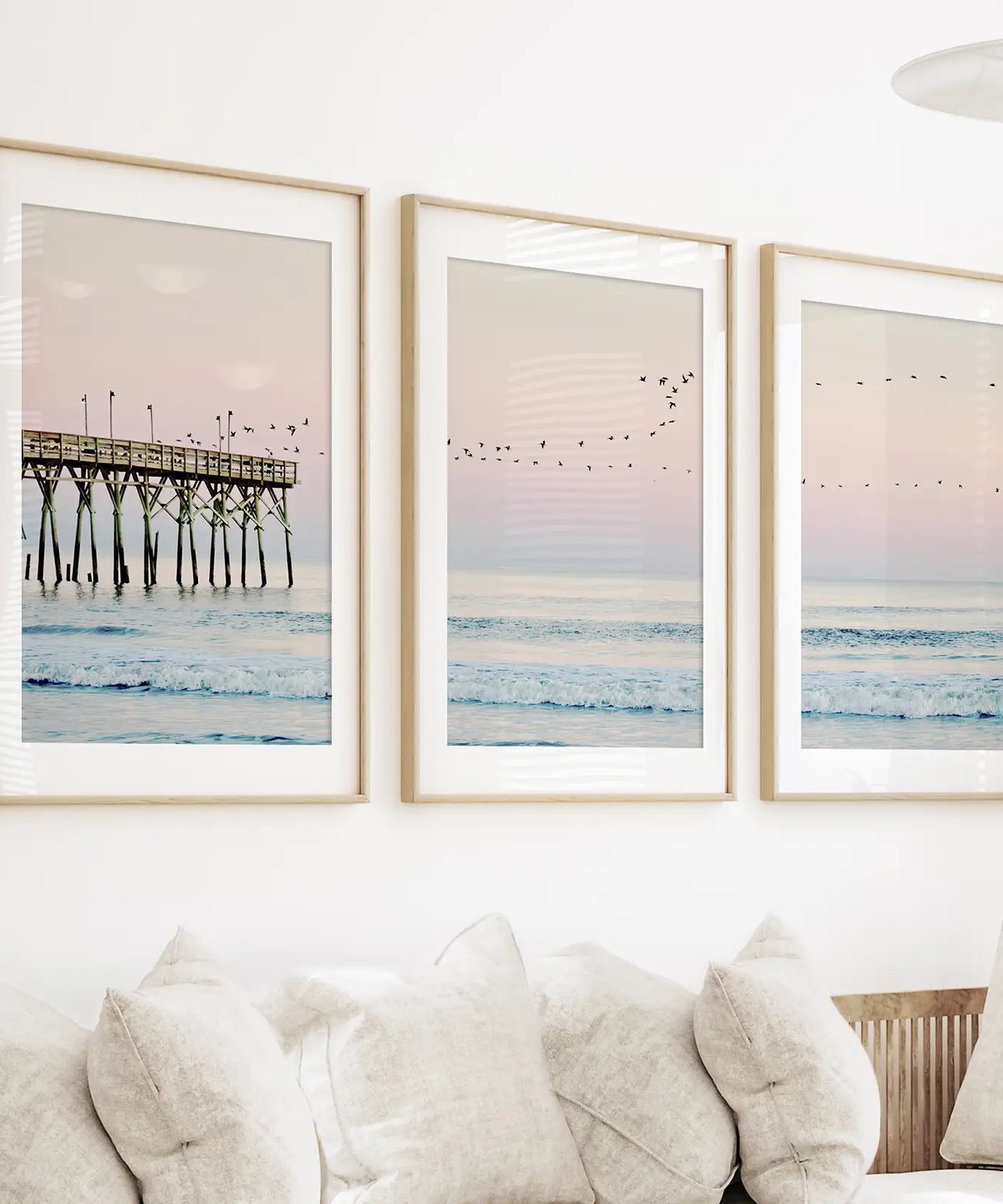 Pink Ocean Sunset Triptych. Wooden Pier, Waves, Seagulls