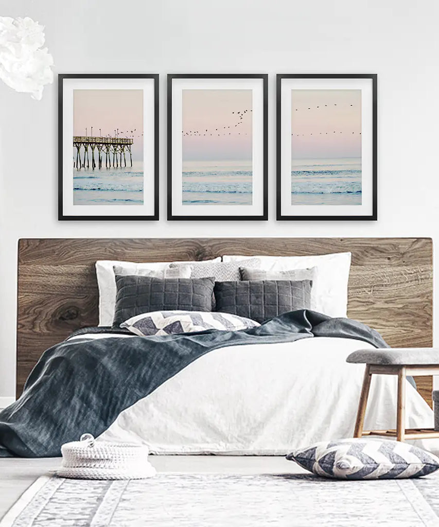 Pink Ocean Sunset Triptych. Wooden Pier, Waves, Seagulls