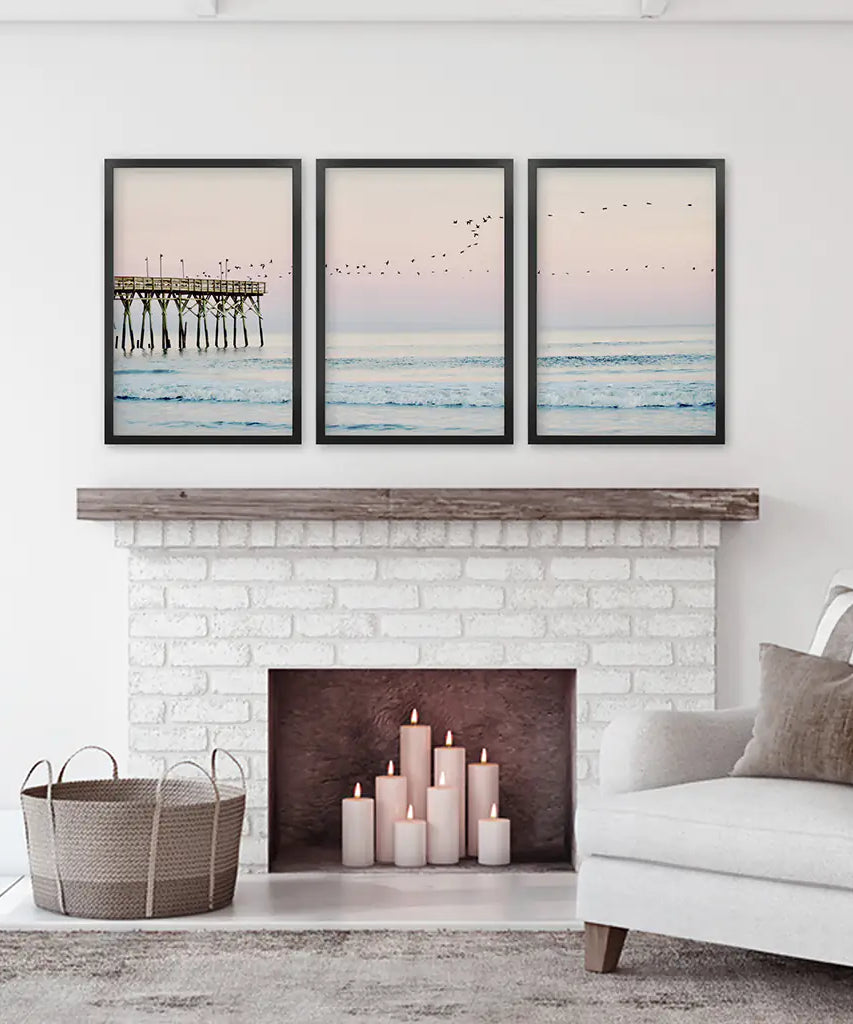 Pink Ocean Sunset Triptych. Wooden Pier, Waves, Seagulls