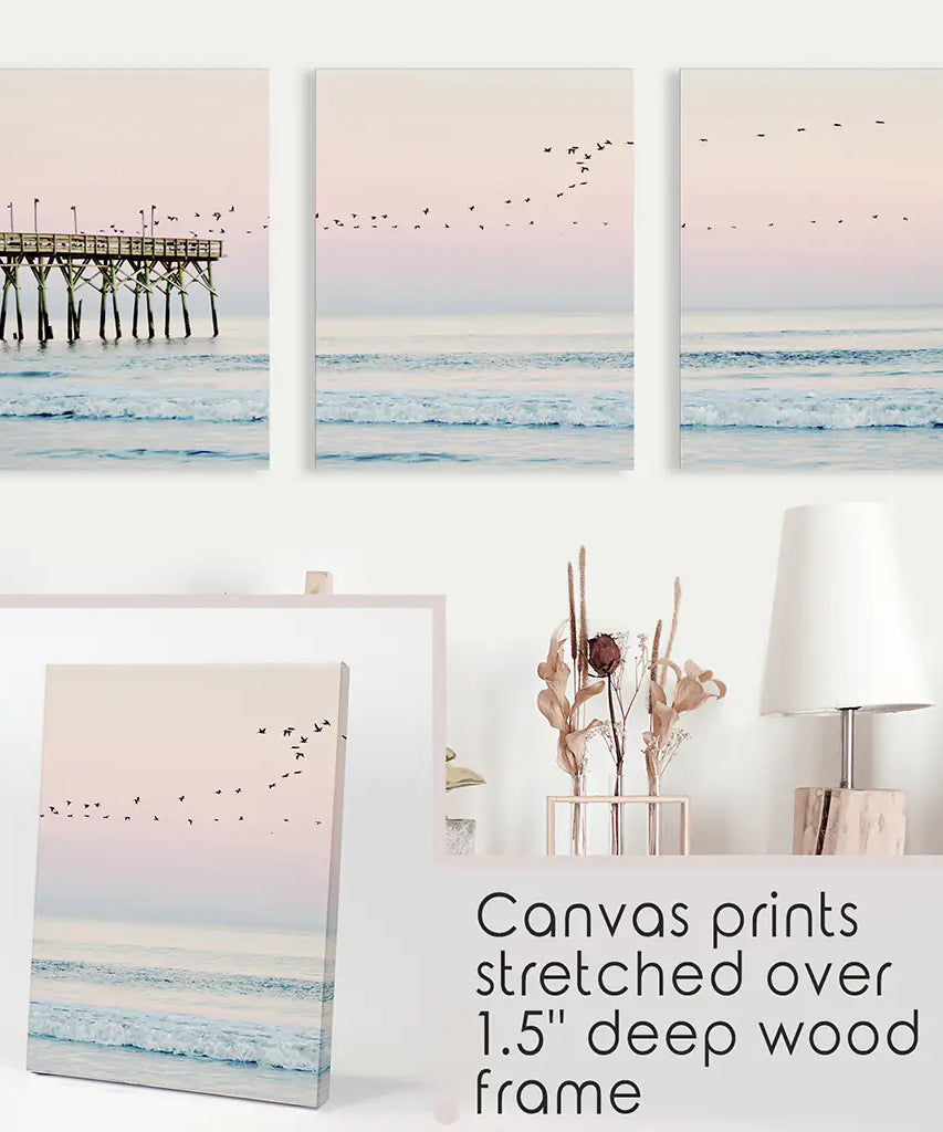 Pink Ocean Sunset Triptych. Wooden Pier, Waves, Seagulls