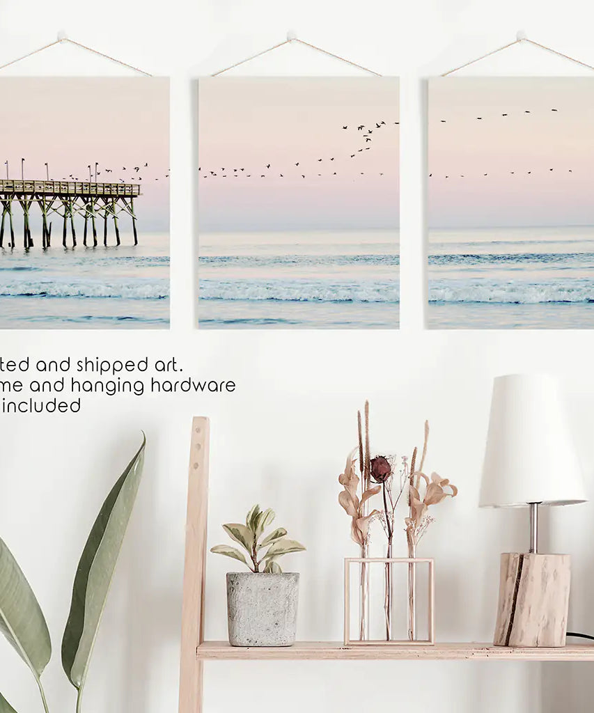 Pink Ocean Sunset Triptych. Wooden Pier, Waves, Seagulls
