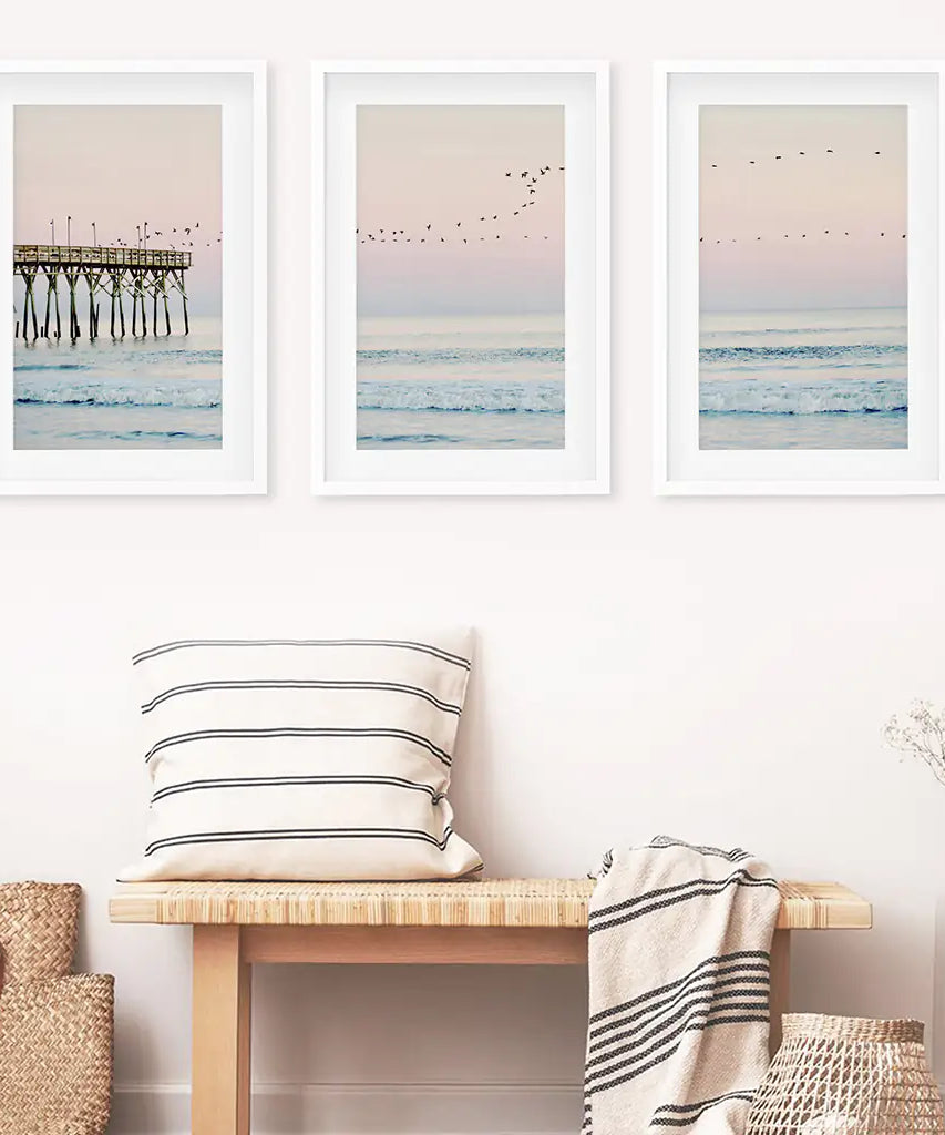 Pink Ocean Sunset Triptych. Wooden Pier, Waves, Seagulls