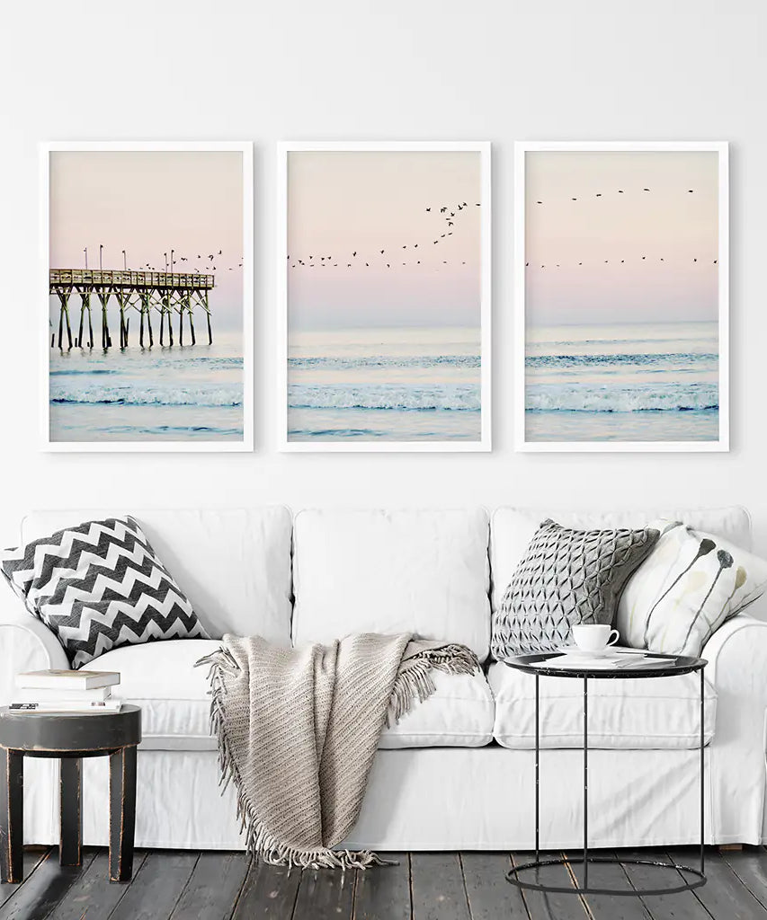 Pink Ocean Sunset Triptych. Wooden Pier, Waves, Seagulls