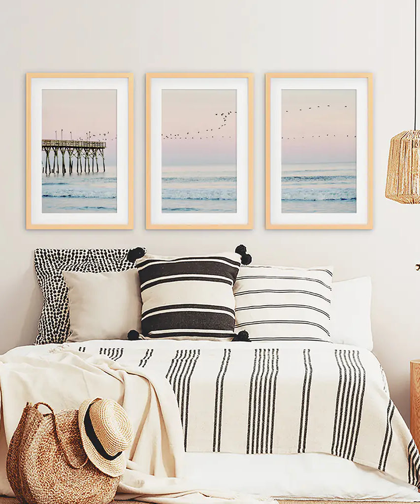 Pink Ocean Sunset Triptych. Wooden Pier, Waves, Seagulls