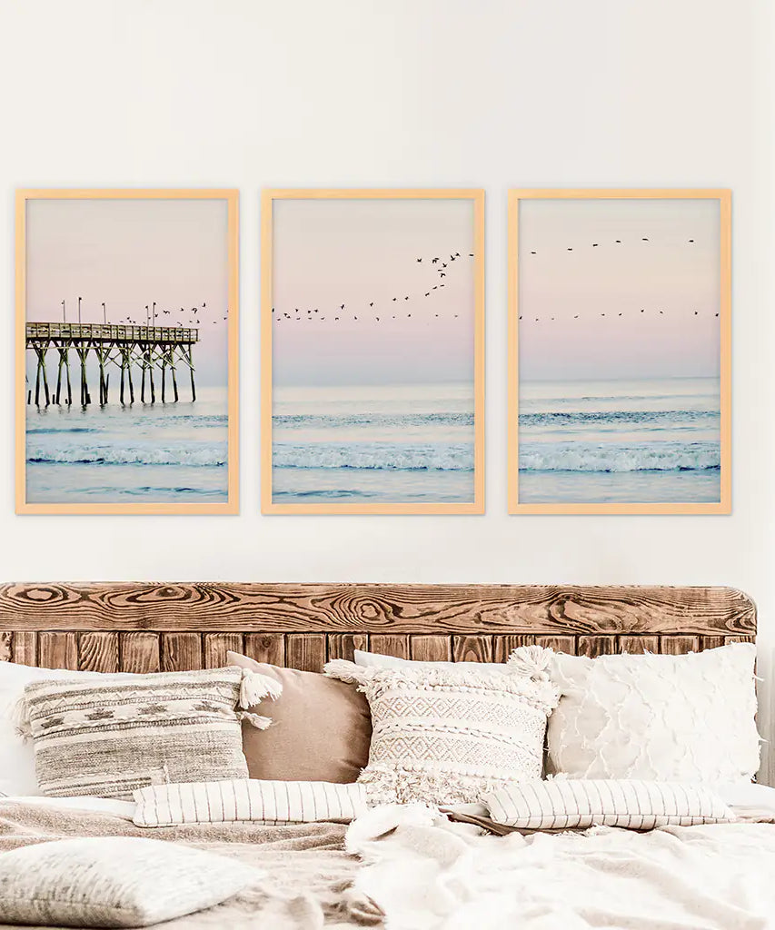 Pink Ocean Sunset Triptych. Wooden Pier, Waves, Seagulls