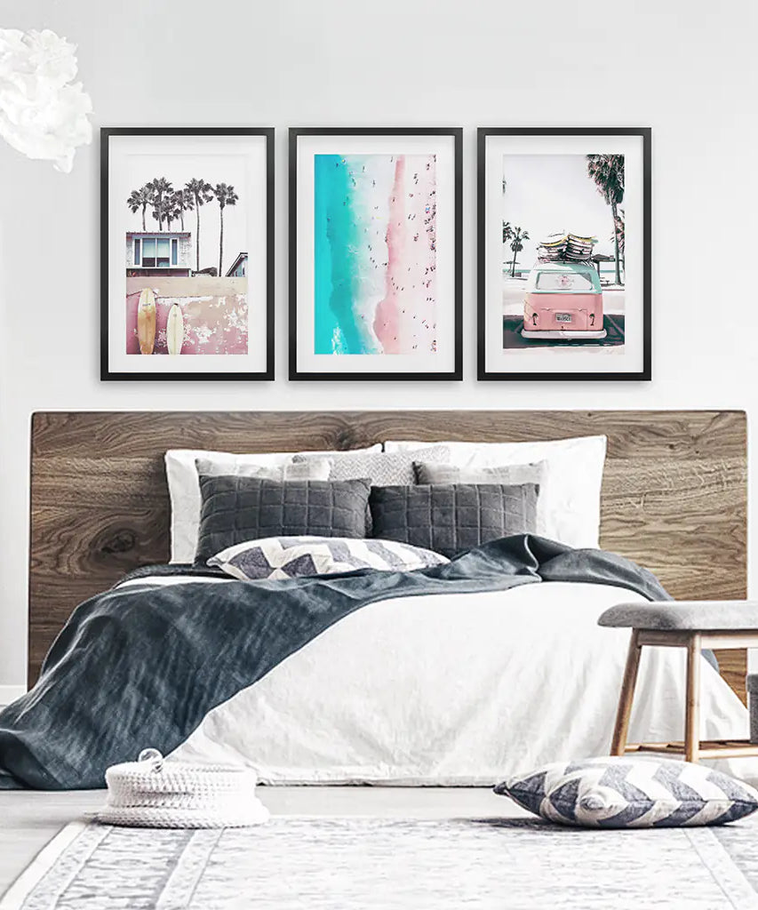 Boho Coastal Prints. Pink Combi Van, Aerial Beach, Surfing
