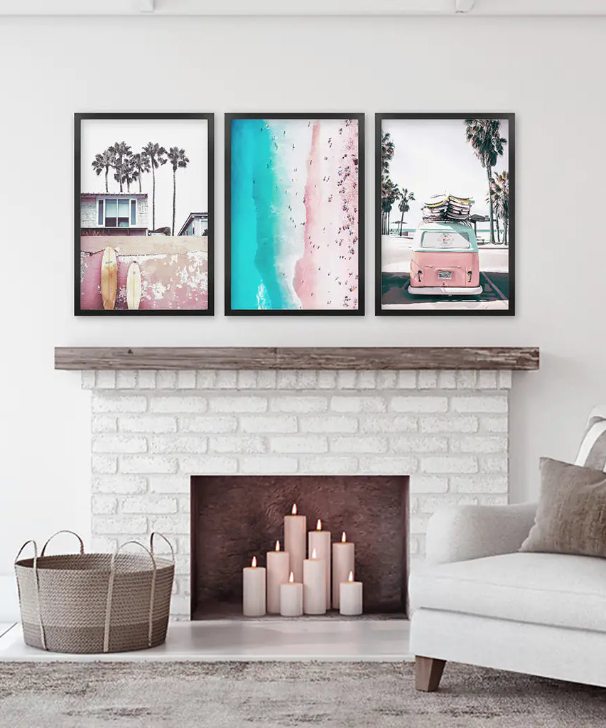 Boho Coastal Prints. Pink Combi Van, Aerial Beach, Surfing