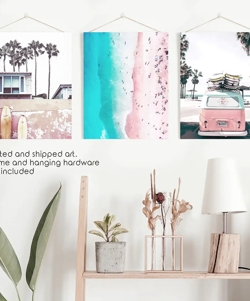Boho Coastal Prints. Pink Combi Van, Aerial Beach, Surfing