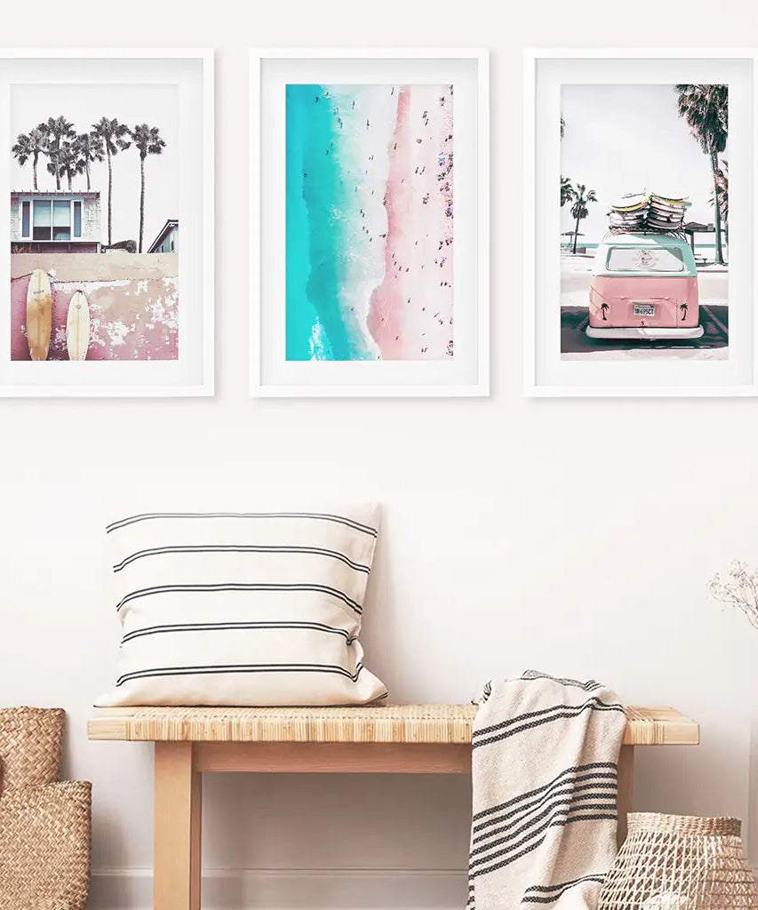 Boho Coastal Prints. Pink Combi Van, Aerial Beach, Surfing