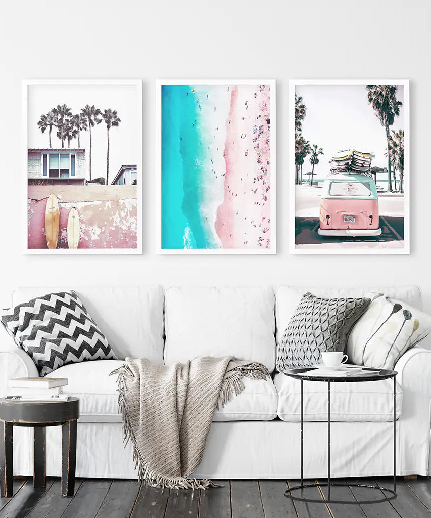 Boho Coastal Prints. Pink Combi Van, Aerial Beach, Surfing