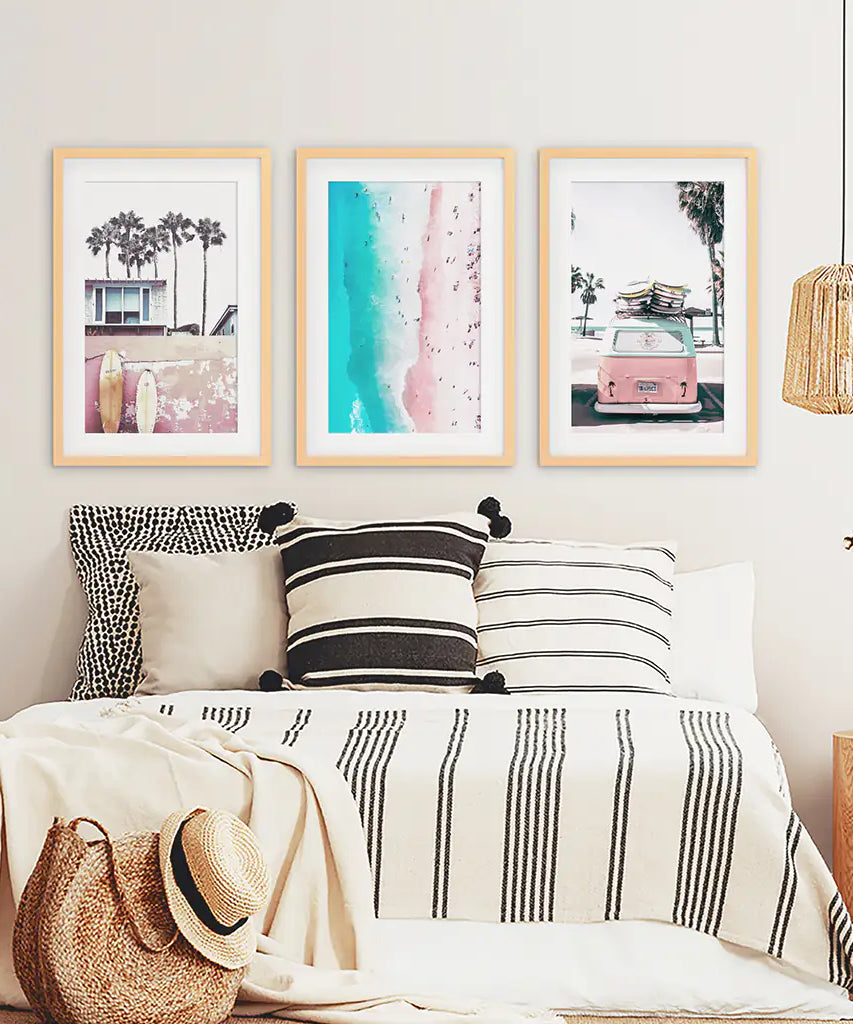 Boho Coastal Prints. Pink Combi Van, Aerial Beach, Surfing