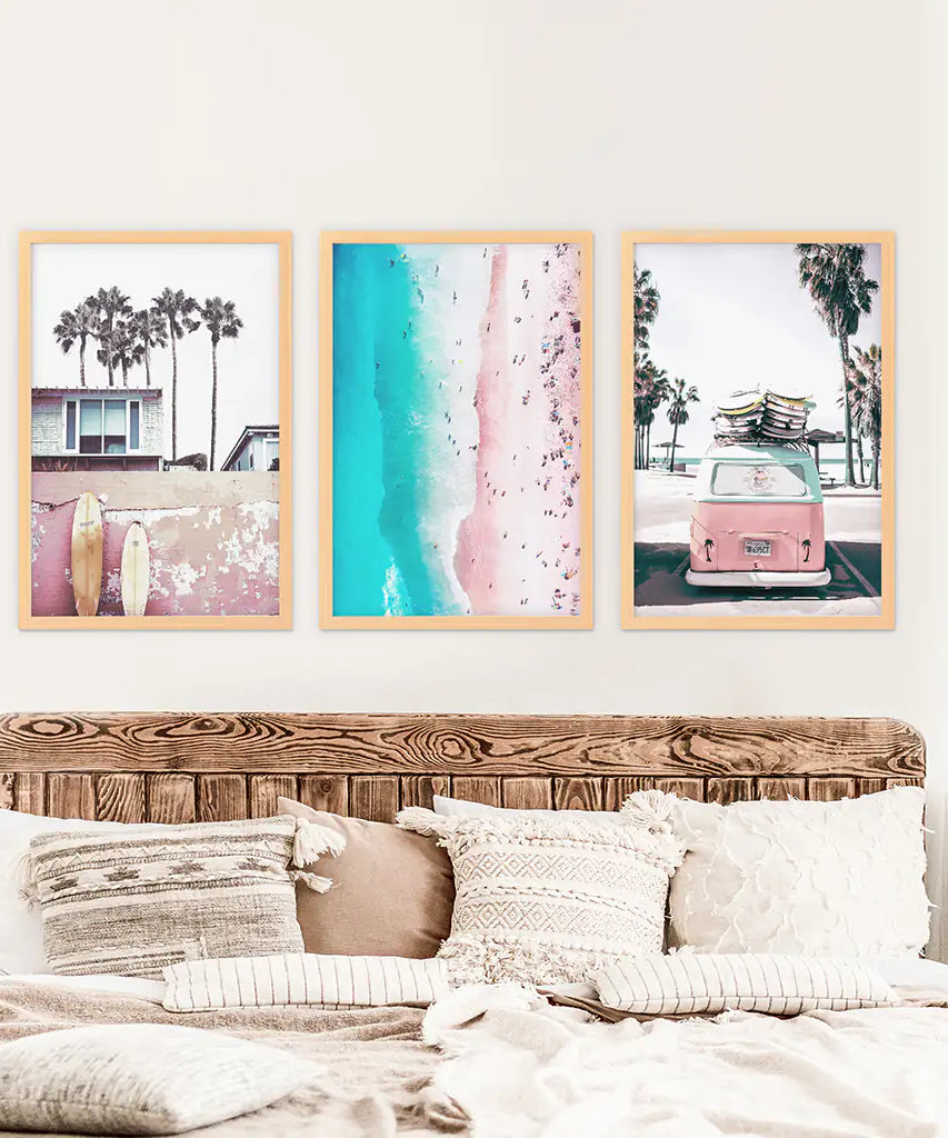 Boho Coastal Prints. Pink Combi Van, Aerial Beach, Surfing