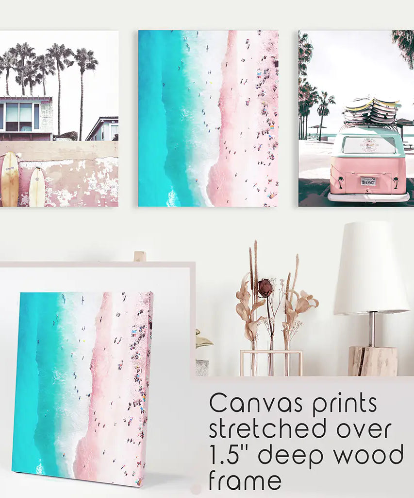 Boho Coastal Prints. Pink Combi Van, Aerial Beach, Surfing