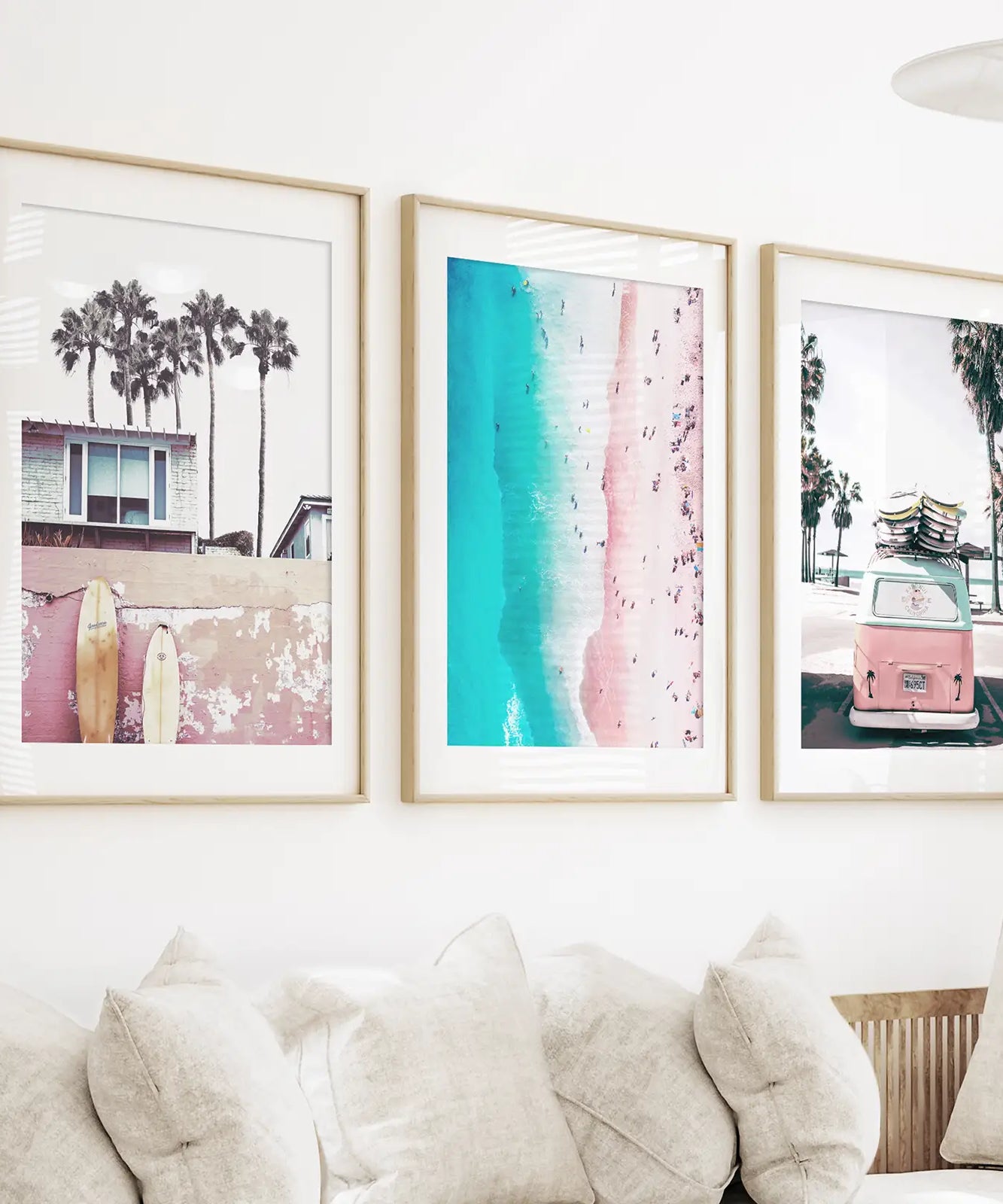 Boho Coastal Prints. Pink Combi Van, Aerial Beach, Surfing