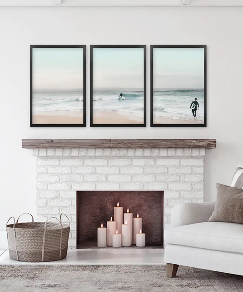 Ocean Beach Surf Kunstdrucke. Wandkunst in Türkis- und Rosatönen