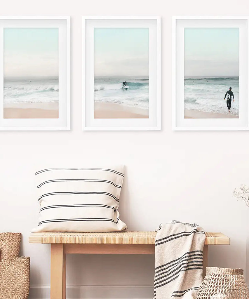 Ocean Beach Surf Kunstdrucke. Wandkunst in Türkis- und Rosatönen