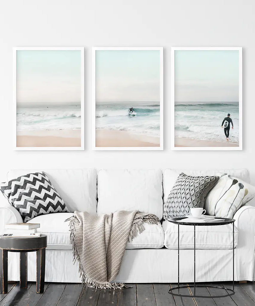 Ocean Beach Surf Kunstdrucke. Wandkunst in Türkis- und Rosatönen