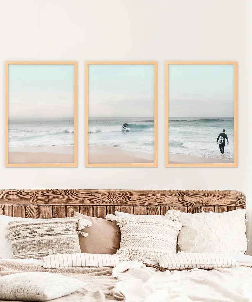 Ocean Beach Surf Kunstdrucke. Wandkunst in Türkis- und Rosatönen