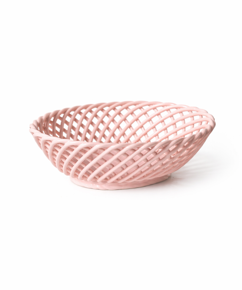 Handgewebter Keramikkorb – Kleine ovale Porzellanschale in Weiß, Beige & Rosa