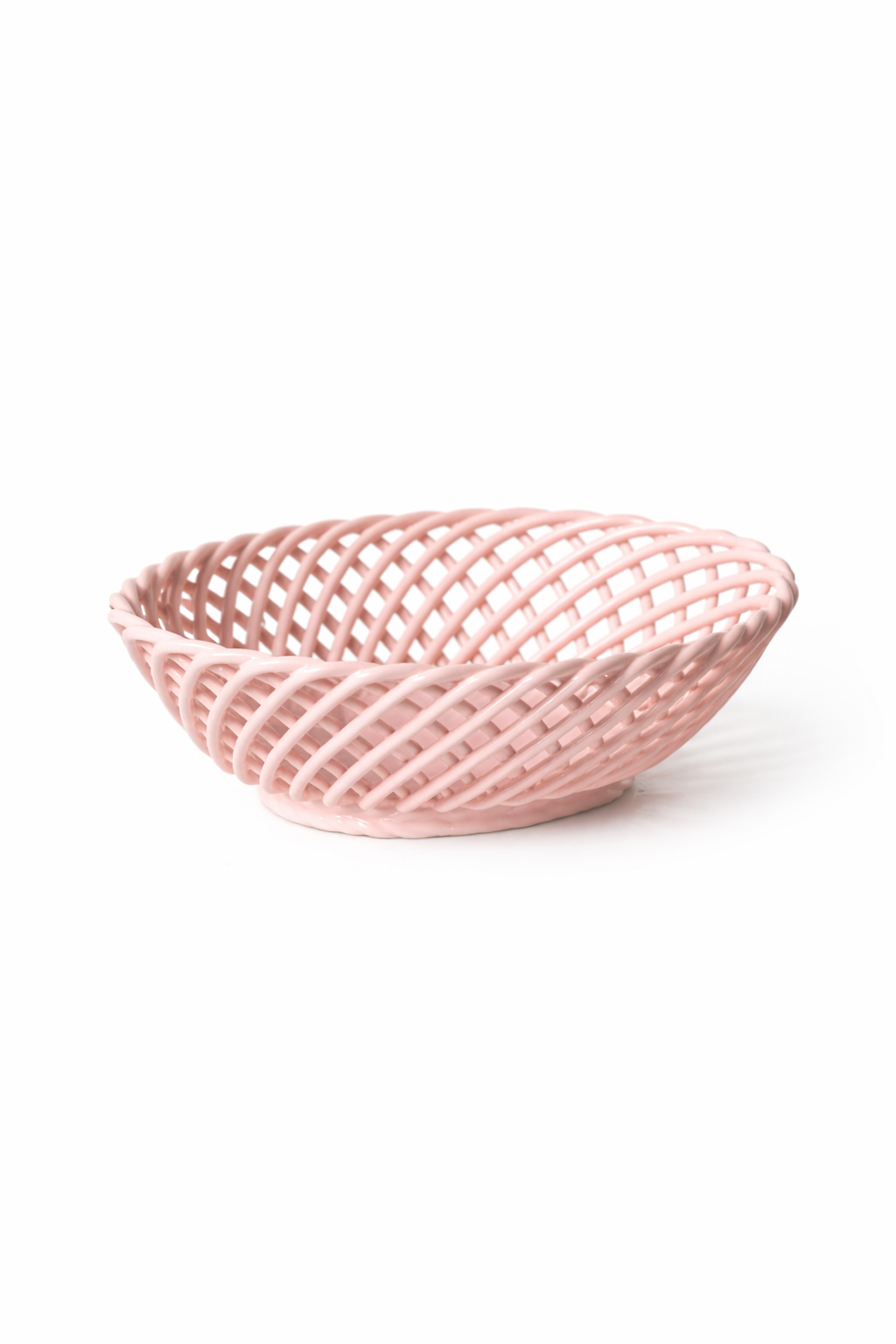Hand-Woven Ceramic Basket -Small Oval Porcelain Dish in White, Beige & Pink