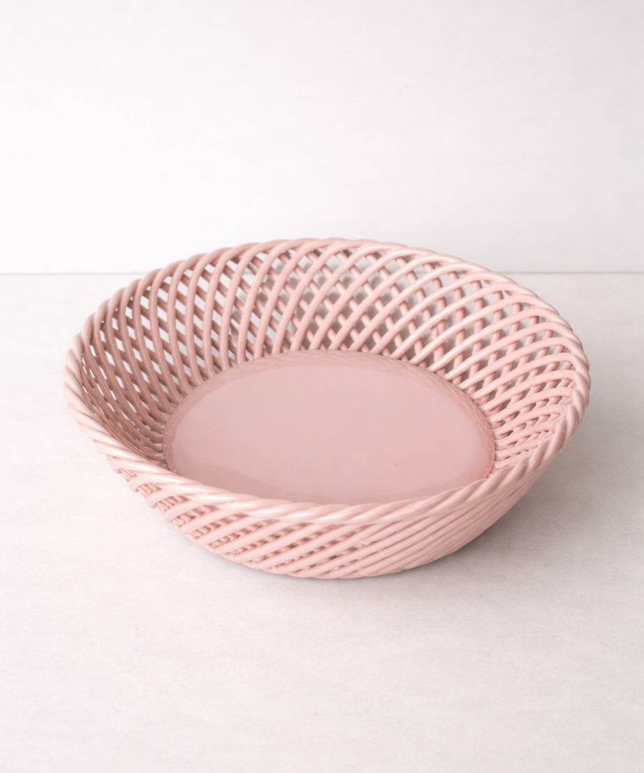 Keramik runder, handgewebter Korb – Weiß, Beige & Rosa glasierte Keramik