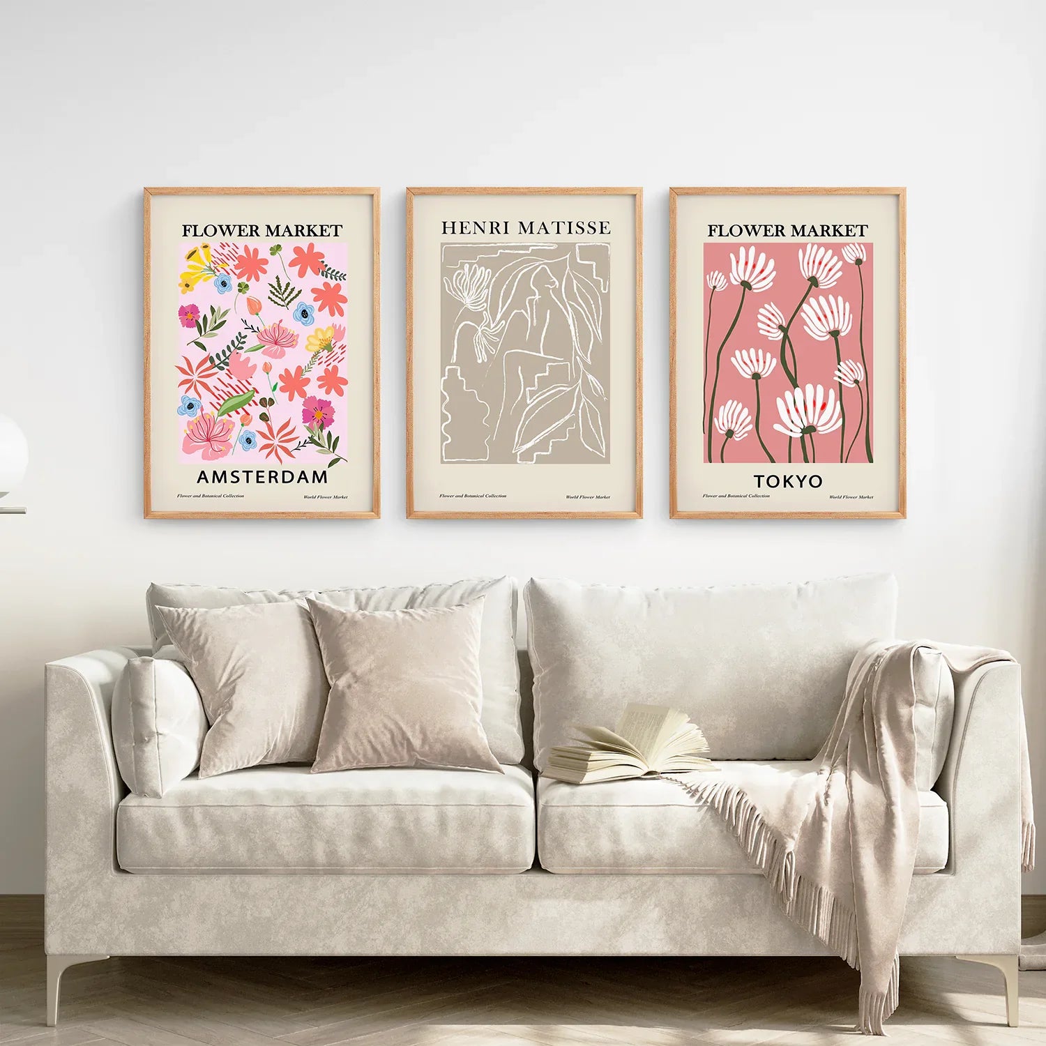 Pink und Beige Blumenmarkt 3er-Set. Retro-Stil