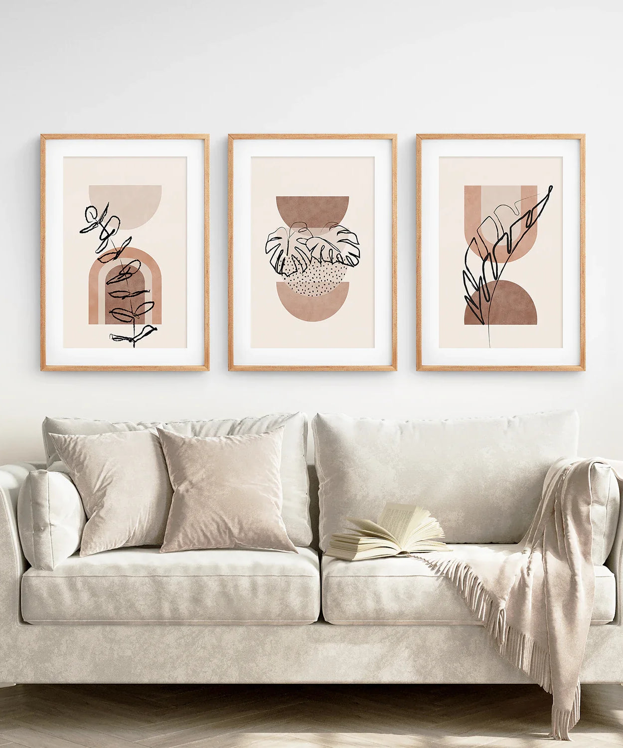 Abstraktes Aquarell 3er-Set Boho-Drucke. Tropische Blätter