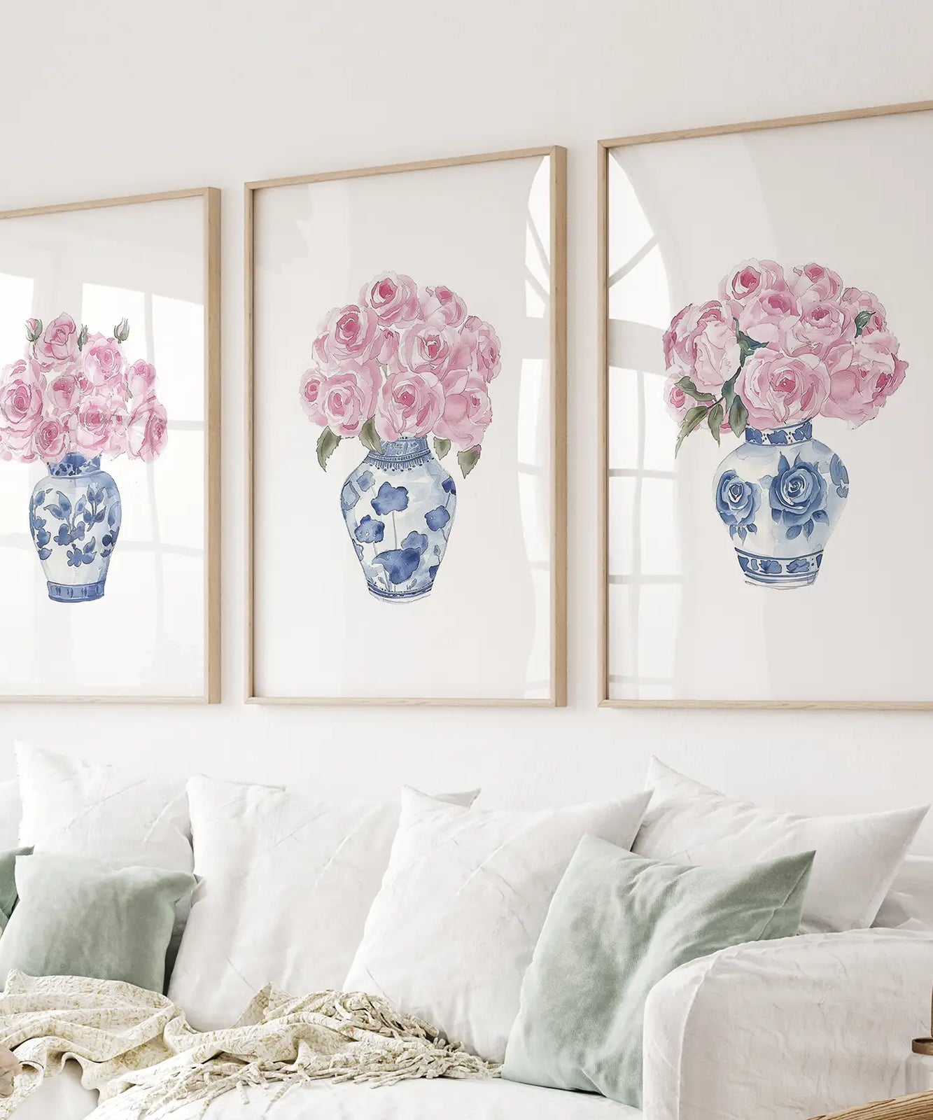 Blue Chinoiserie Watercolor Roses Art Print Set