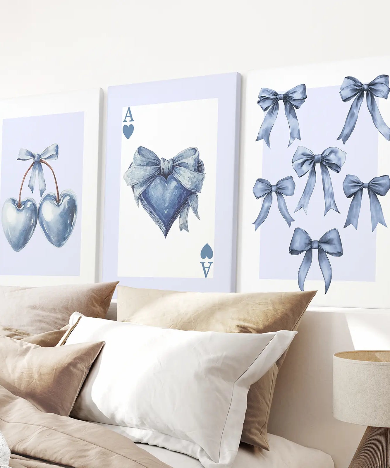 Blue Coquette Bows Wall Art Set of 3 Prints Decor