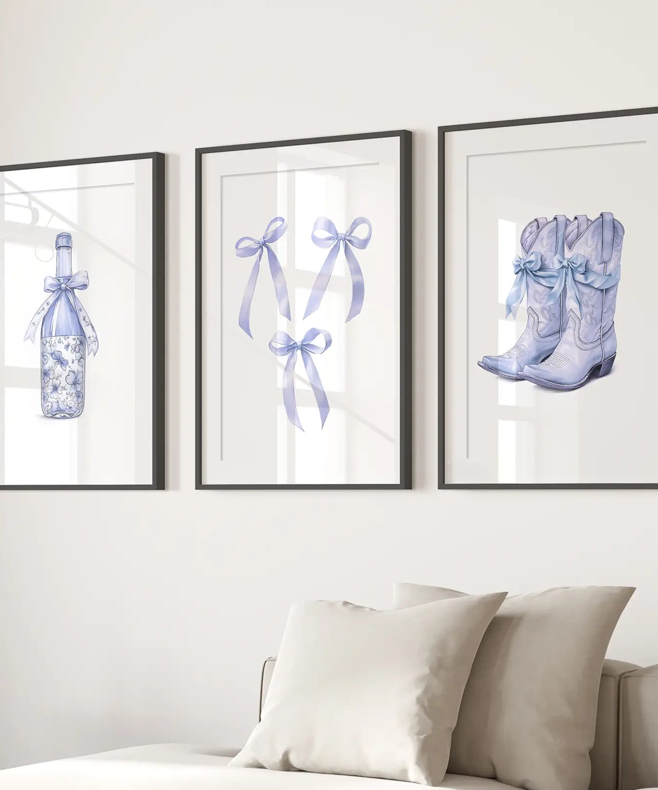Trendige blaue Schleifen mädchenhaft Wandkunst 3er-Set Druck