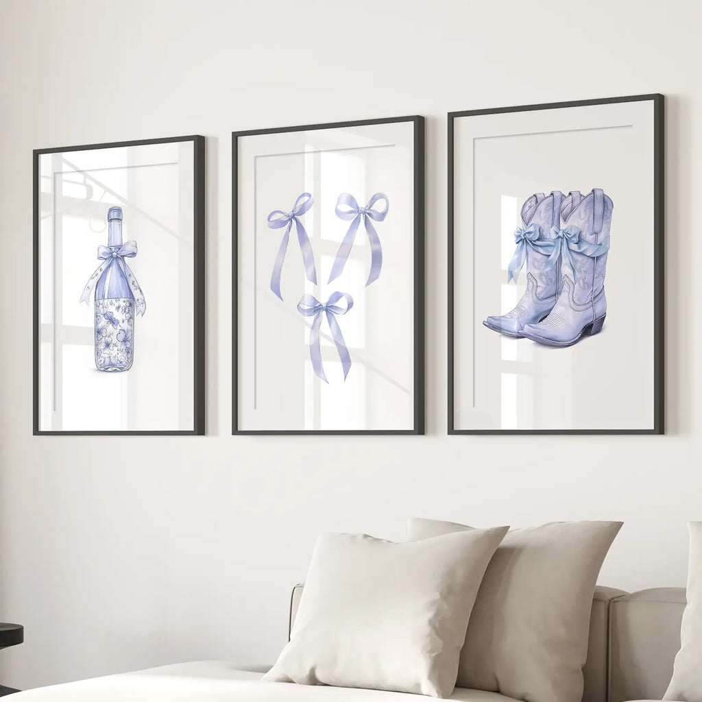 Trendy Blue Bows Girly Wall Art Set of 3 Print
