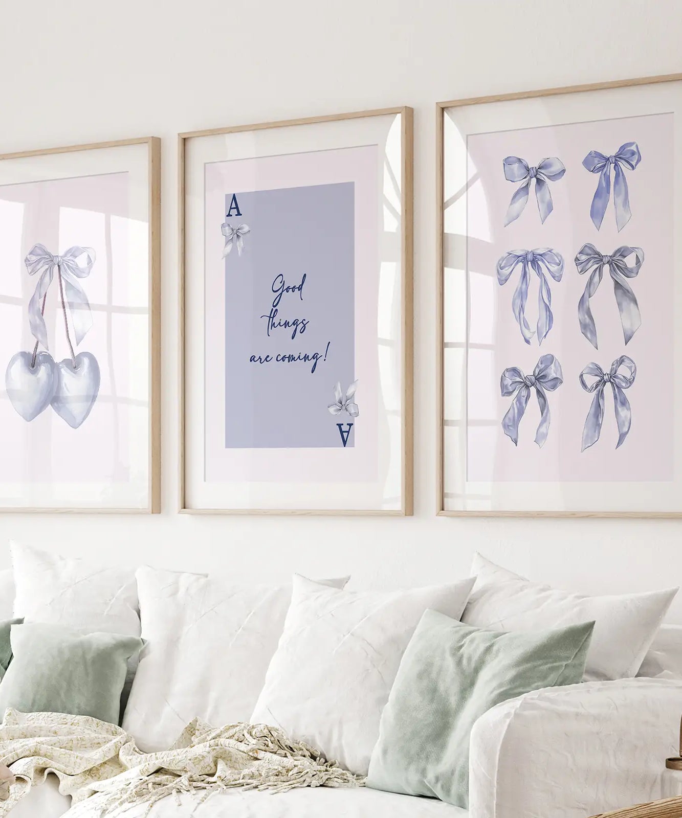 Trendige blaue Schleifen Preppy Poster Girly Deko Kunst Set