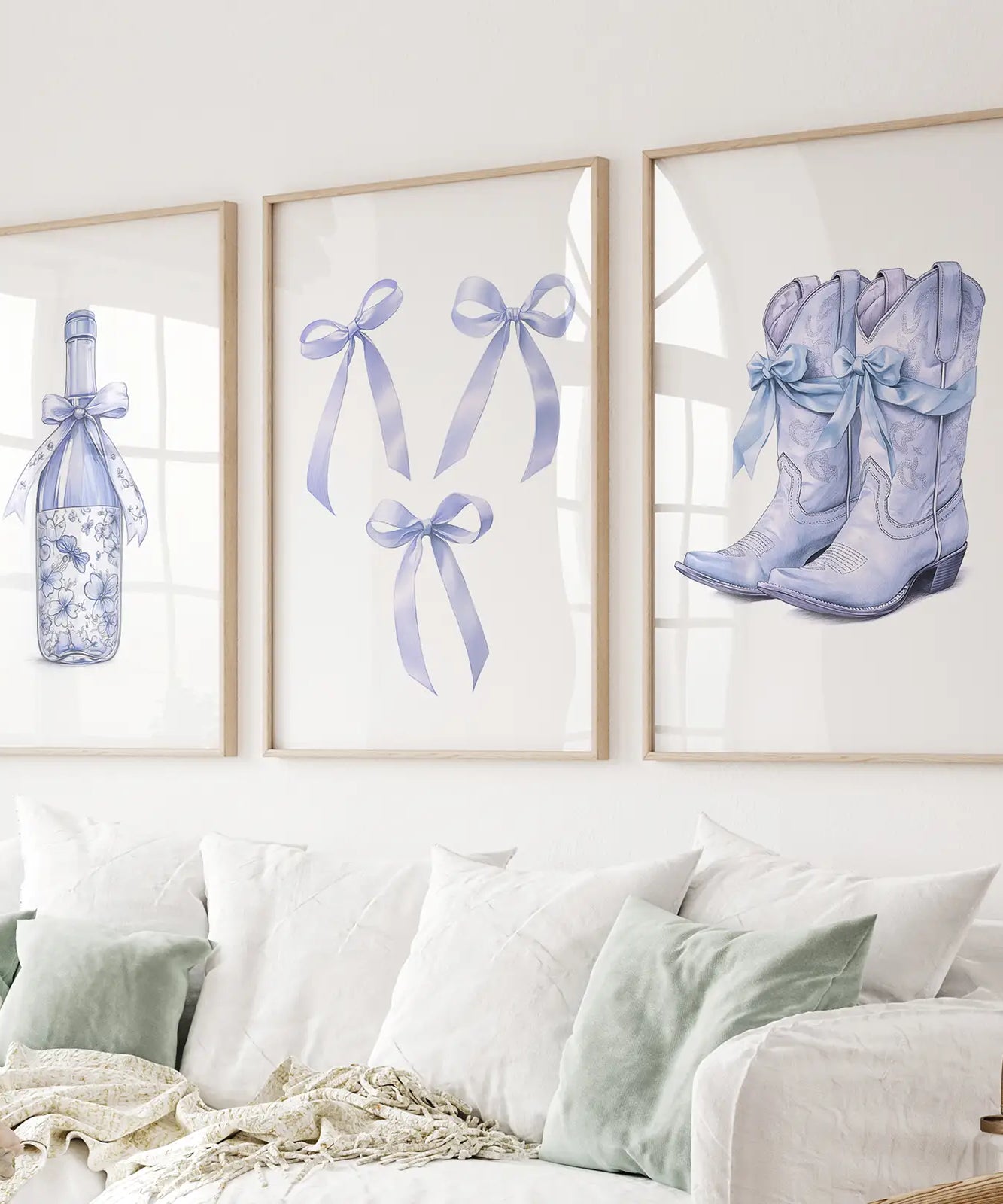 Trendige blaue Schleifen mädchenhaft Wandkunst 3er-Set Druck