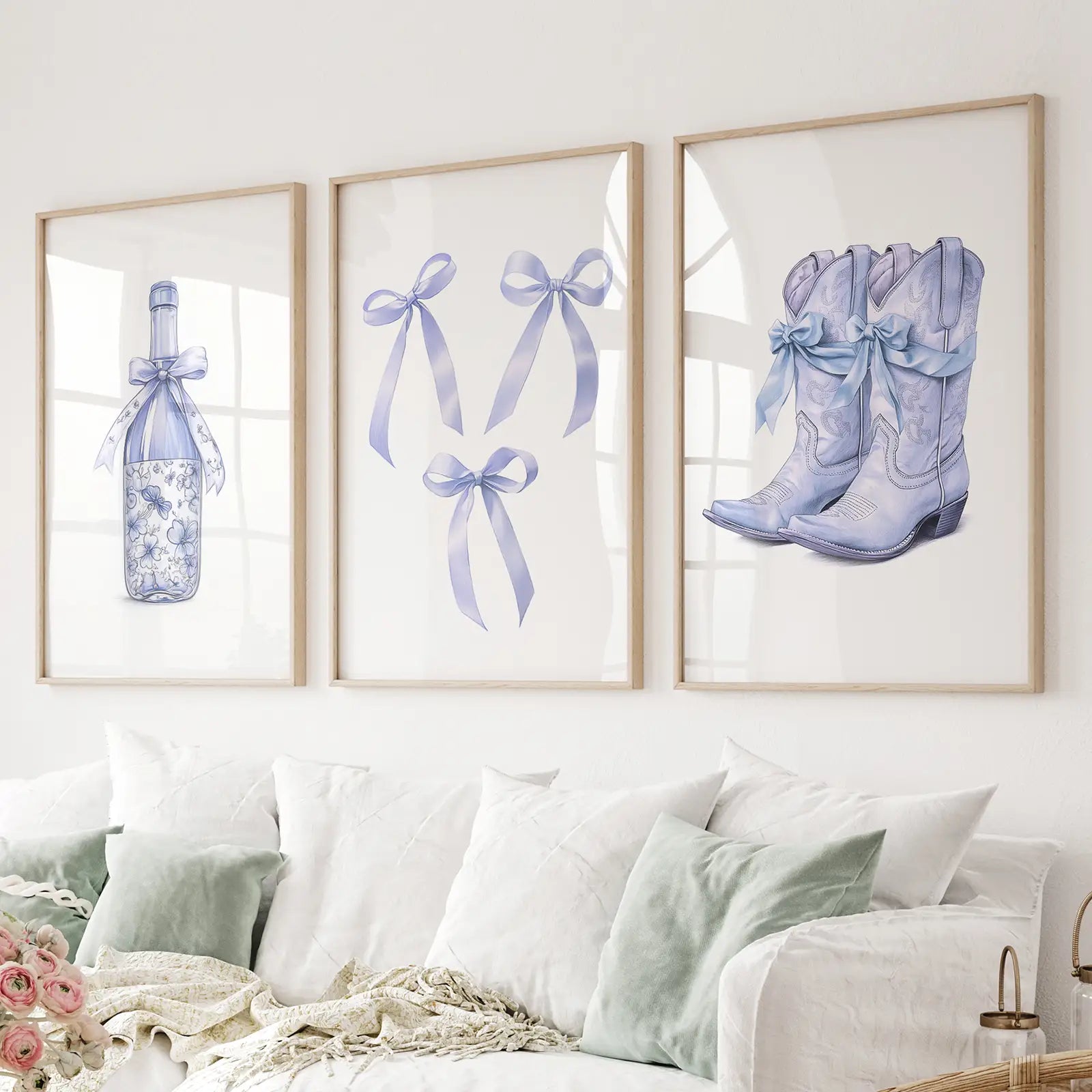 Trendige blaue Schleifen mädchenhaft Wandkunst 3er-Set Druck
