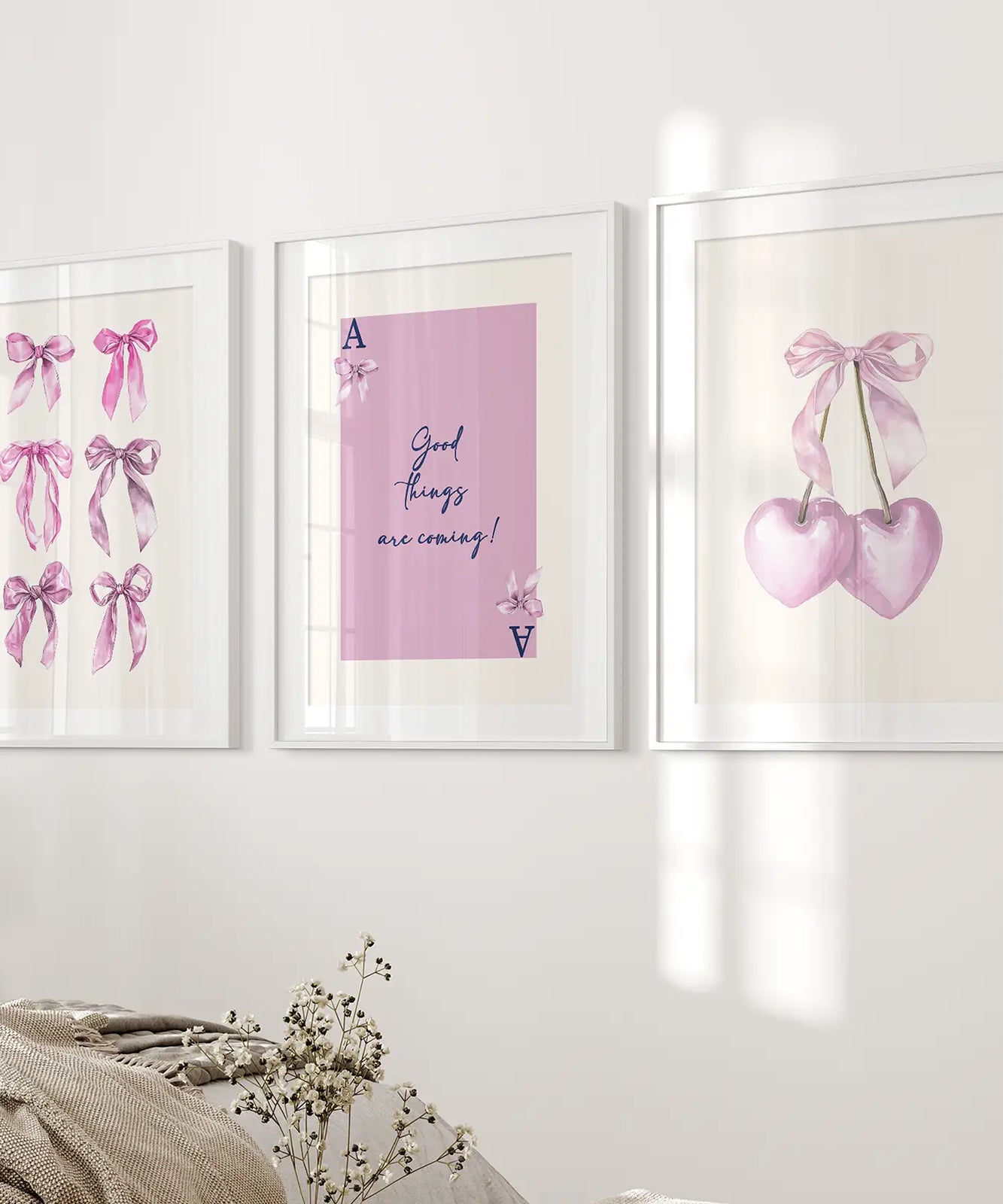 Trendy Pink Bows Wall Art Girly Print Decor Set